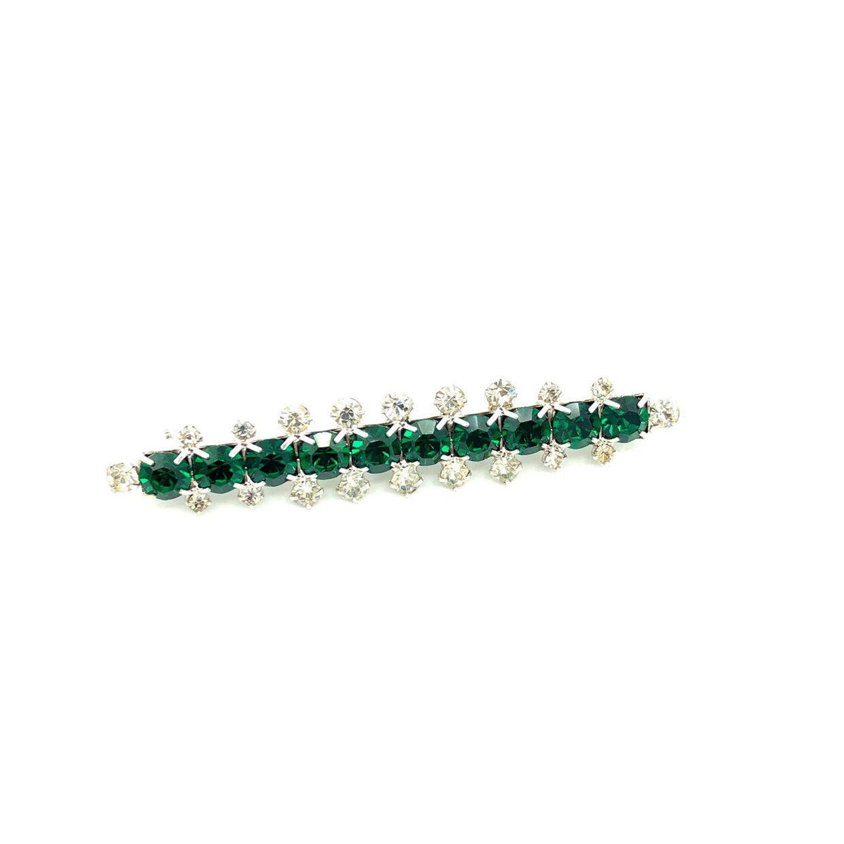 Les Bernard Clear & Emerald Green Rhinestone Vintage Bar Brooch - 24 Wishes Vintage Jewelry