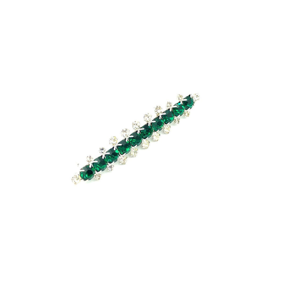 Les Bernard Clear & Emerald Green Rhinestone Vintage Bar Brooch - 24 Wishes Vintage Jewelry