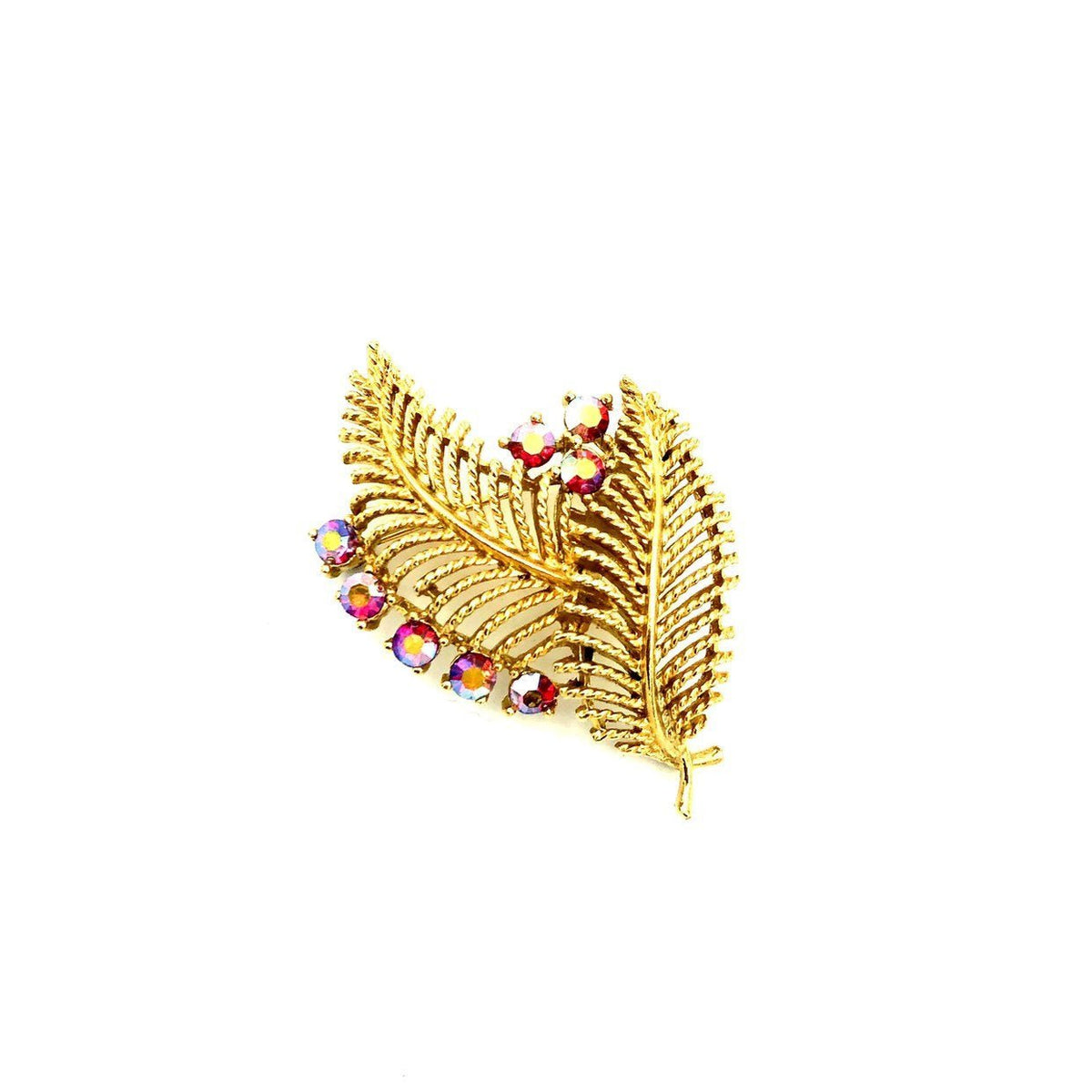 Lisner Vintage Gold Leaf Pink AB Pin Brooch - 24 Wishes Vintage Jewelry