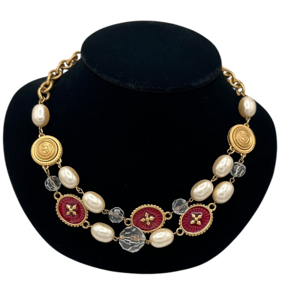 Liz Claiborne LCI Gold Pearl & Red Crest Medallion Charm Necklace 24 Wishes Vintage Jewelry