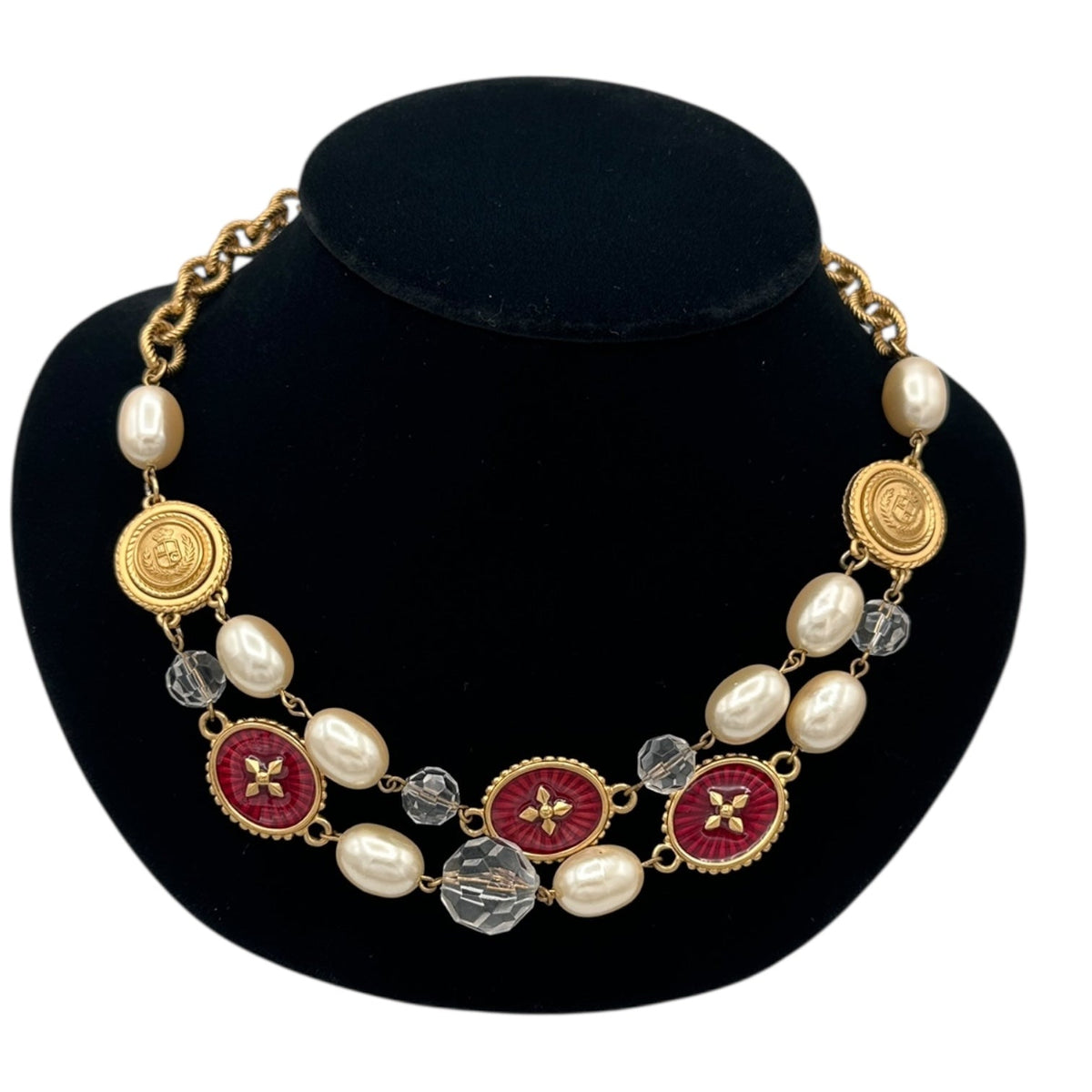 Liz Claiborne LCI Gold Pearl & Red Crest Medallion Charm Necklace 24 Wishes Vintage Jewelry