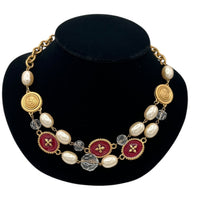 Liz Claiborne LCI Gold Pearl & Red Crest Medallion Charm Necklace 24 Wishes Vintage Jewelry