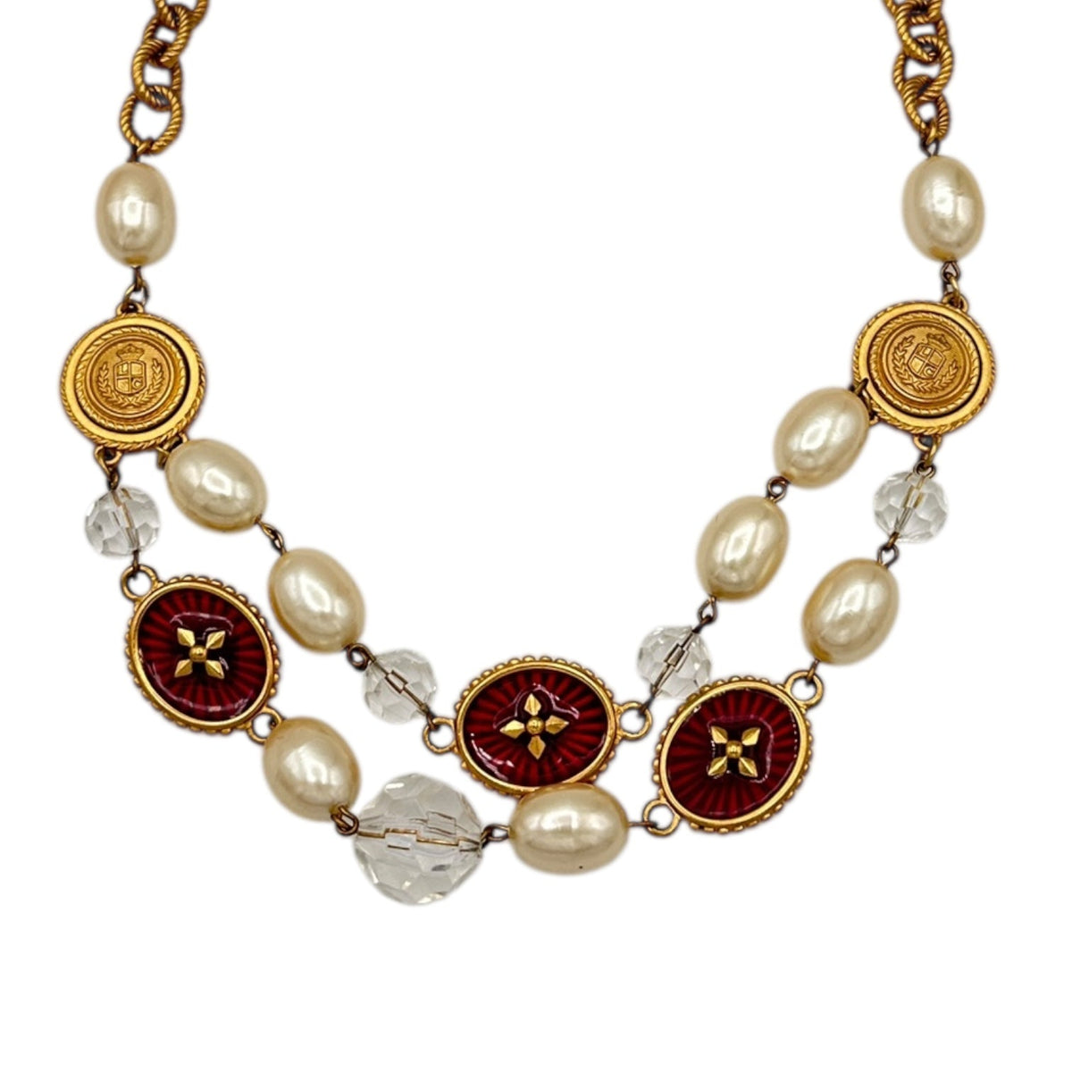 Liz Claiborne LCI Gold Pearl & Red Crest Medallion Charm Necklace 24 Wishes Vintage Jewelry