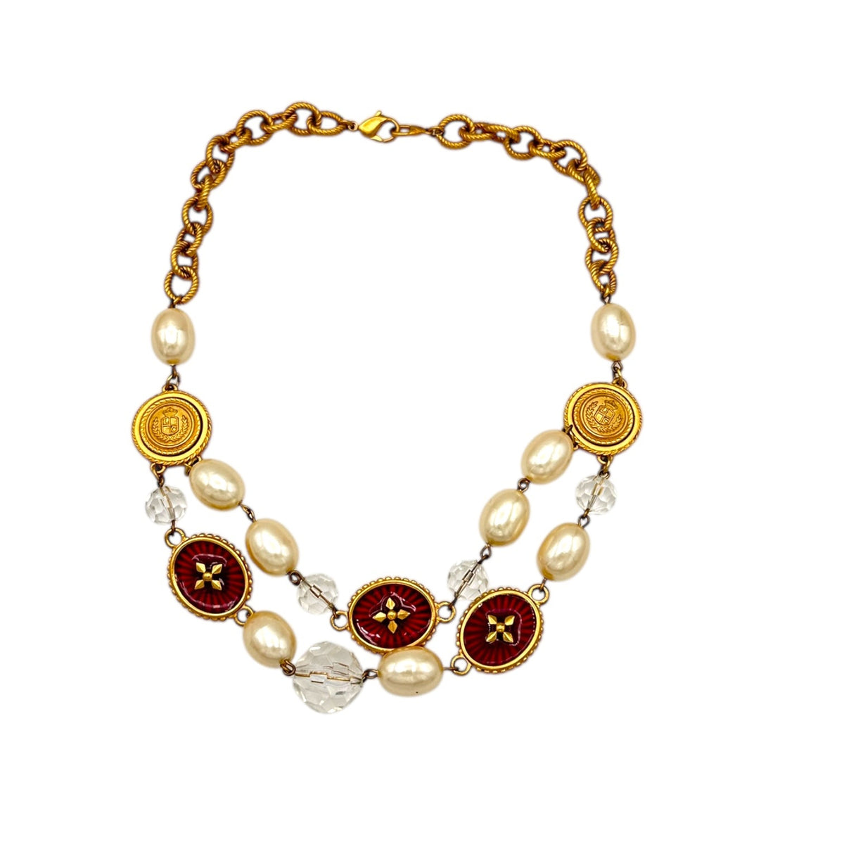 Liz Claiborne LCI Gold Pearl & Red Crest Medallion Charm Necklace 24 Wishes Vintage Jewelry