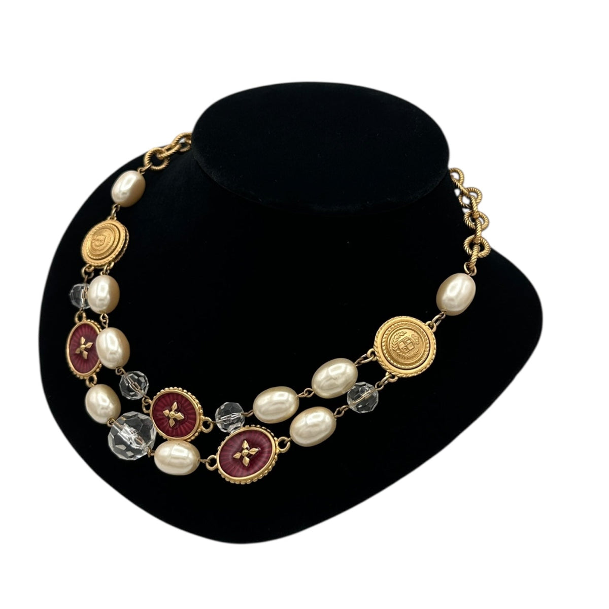 Liz Claiborne LCI Gold Pearl & Red Crest Medallion Charm Necklace 24 Wishes Vintage Jewelry