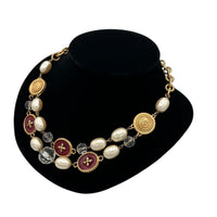 Liz Claiborne LCI Gold Pearl & Red Crest Medallion Charm Necklace 24 Wishes Vintage Jewelry