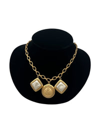 Liz Claibourne Satin Gold Chain Necklace Pearl Crest Medallion Charm Pendant - 24 Wishes Vintage Jewelry