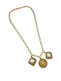 Liz Claibourne Satin Gold Chain Necklace Pearl Crest Medallion Charm Pendant - 24 Wishes Vintage Jewelry