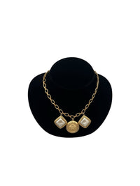 Liz Claibourne Satin Gold Chain Necklace Pearl Crest Medallion Charm Pendant - 24 Wishes Vintage Jewelry