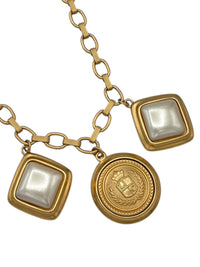 Liz Claibourne Satin Gold Chain Necklace Pearl Crest Medallion Charm Pendant - 24 Wishes Vintage Jewelry