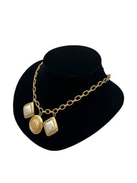 Liz Claibourne Satin Gold Chain Necklace Pearl Crest Medallion Charm Pendant - 24 Wishes Vintage Jewelry