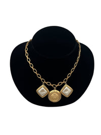 Liz Claibourne Satin Gold Chain Necklace Pearl Crest Medallion Charm Pendant - 24 Wishes Vintage Jewelry