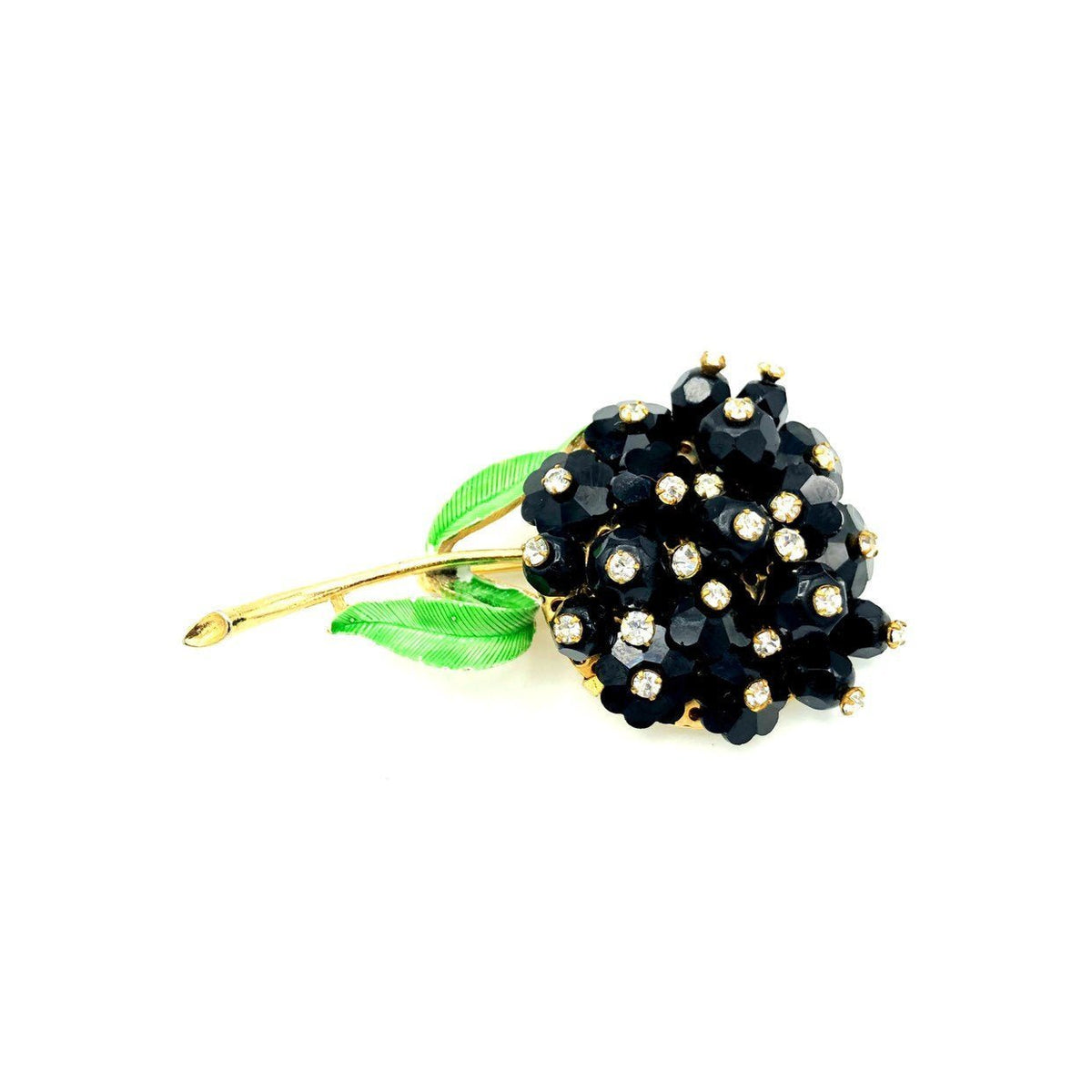 Long Stem Flower Black & White Rhinestone Vintage Brooch - 24 Wishes Vintage Jewelry