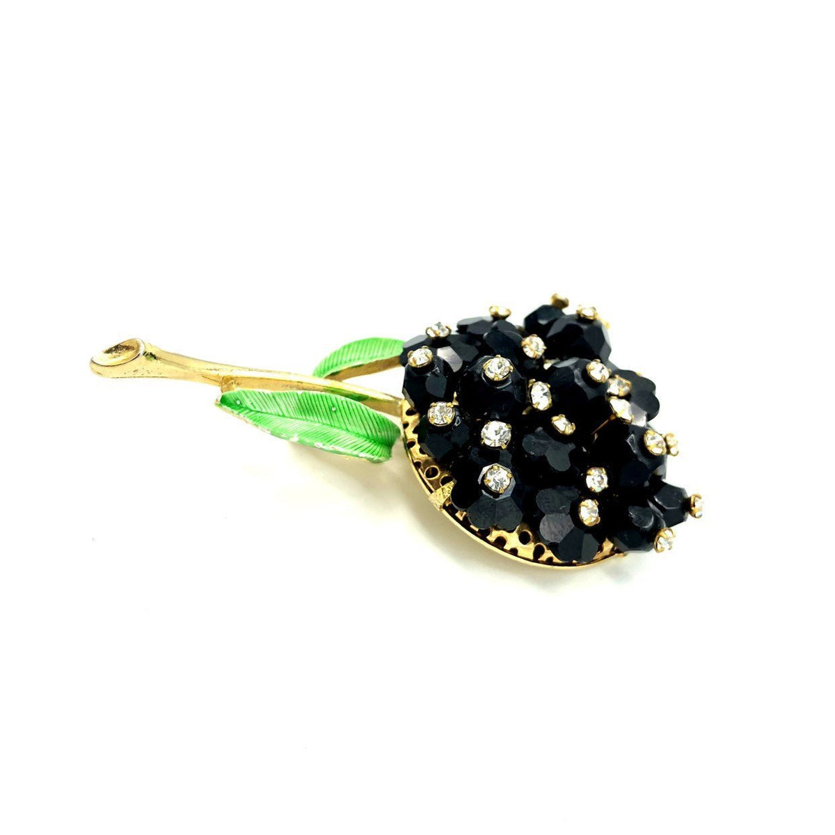 Long Stem Flower Black & White Rhinestone Vintage Brooch - 24 Wishes Vintage Jewelry