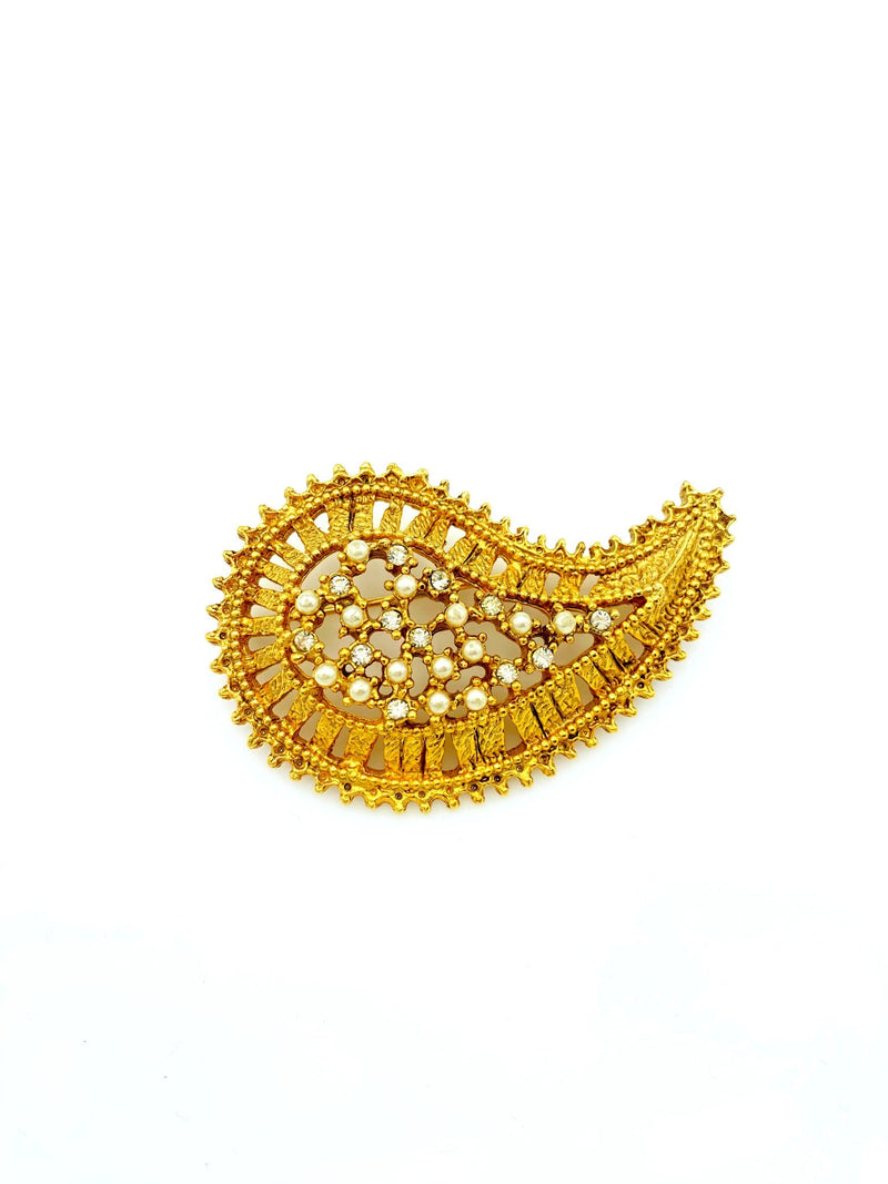 Marla Buck Gold Pearl & Rhinestone Textured Rhinestone Paisley Brooch - 24 Wishes Vintage Jewelry