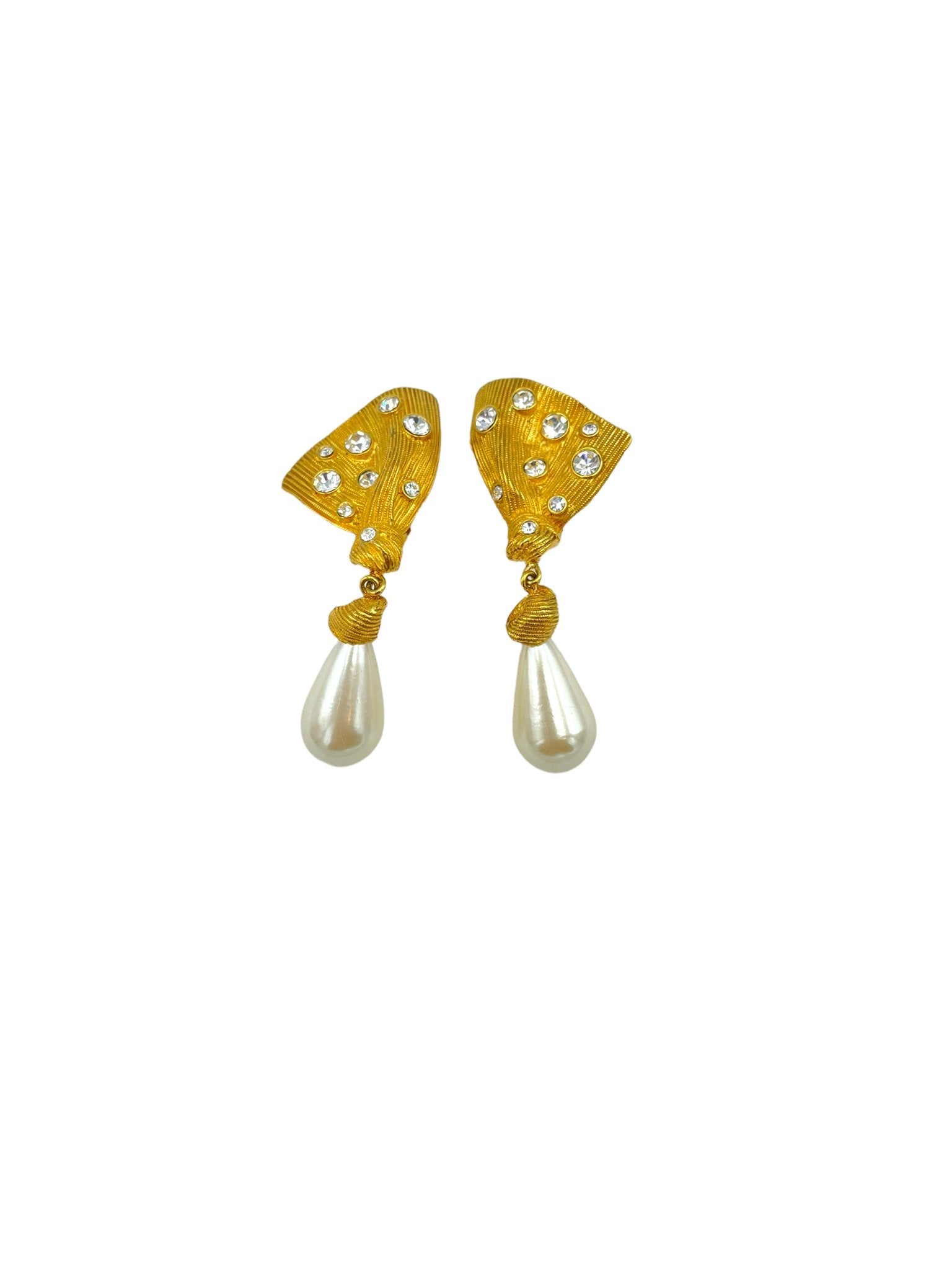Marvella Pearl Gold Ribbon Rhinestone Vintage Dangle Clip On Earrings 24 Wishes Vintage Jewelry