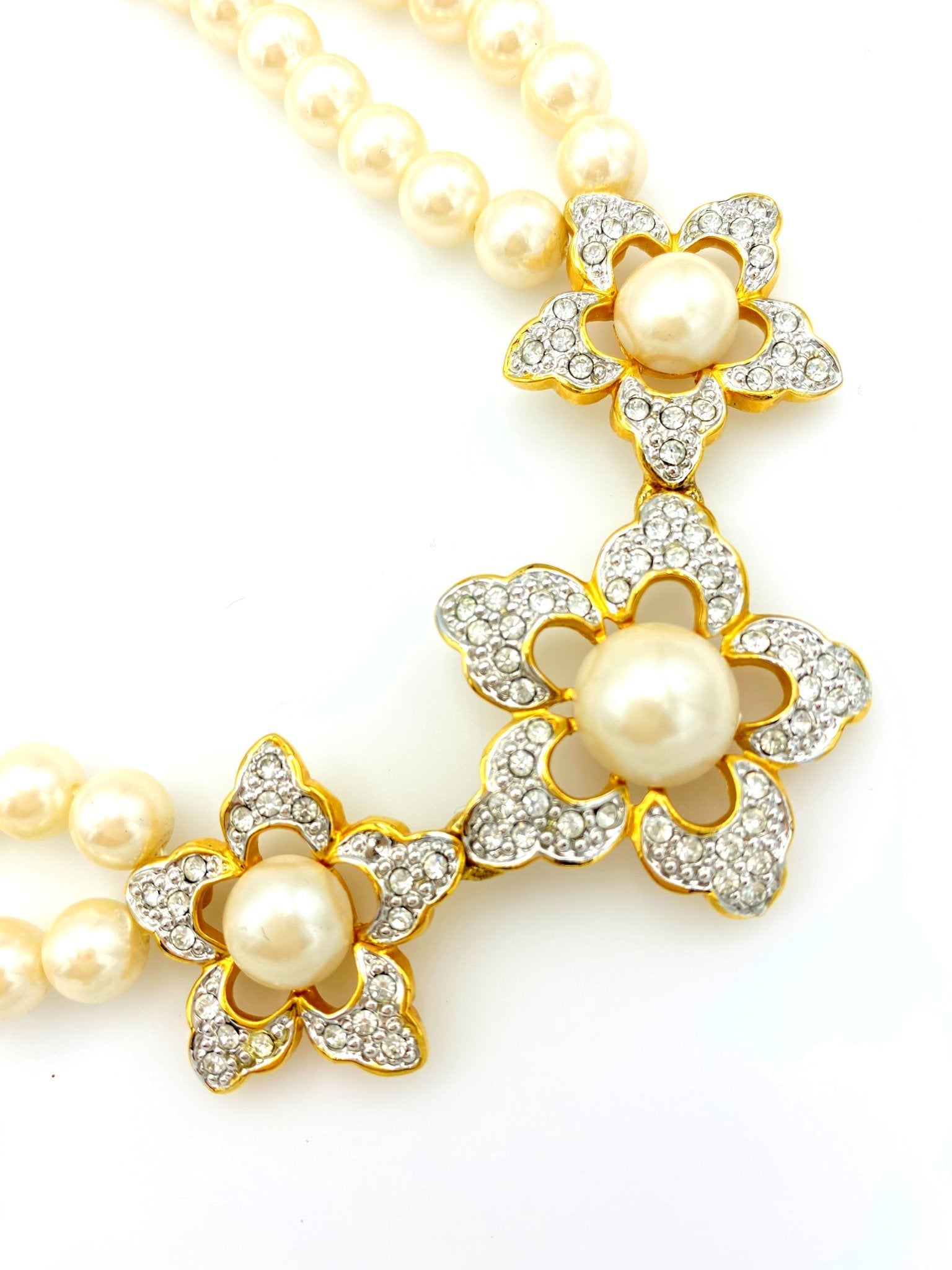 Marvella Two Strand Pearl Necklace Floral Rhinestone Pendant