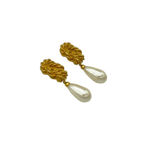 Marvella Vintage Jewelry Texture Gold Knot Pearl Dangle Clip - On Earrings - 24 Wishes Vintage Jewelry