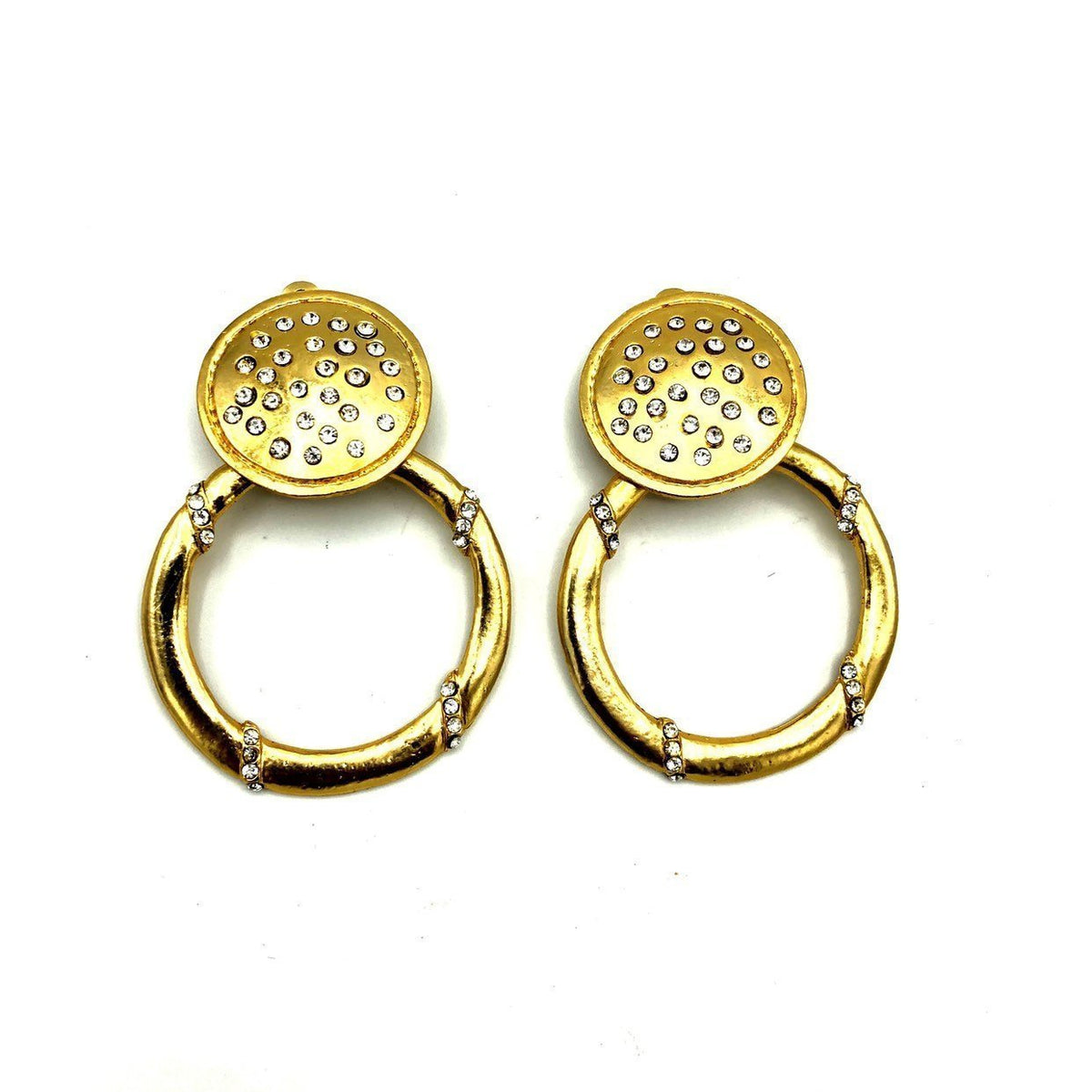 Matt Gold Rhinestone Door Knocker Vintage Clip - On Earrings - 24 Wishes Vintage Jewelry