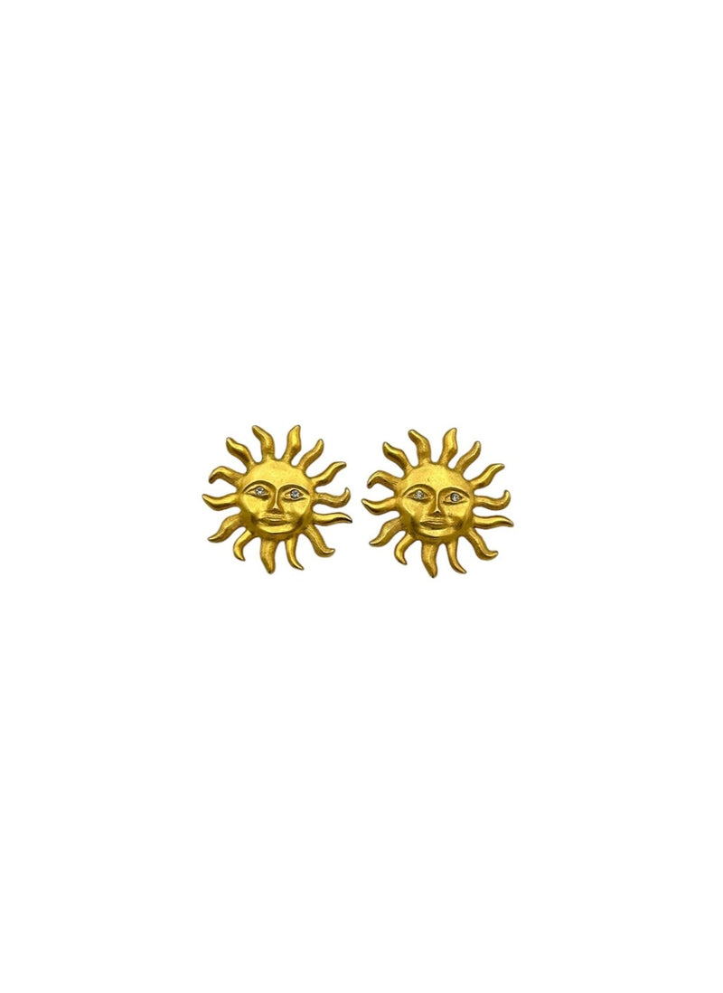 Matt Gold Sun Rhinestone Vintage Pierced Earrings - 24 Wishes Vintage Jewelry