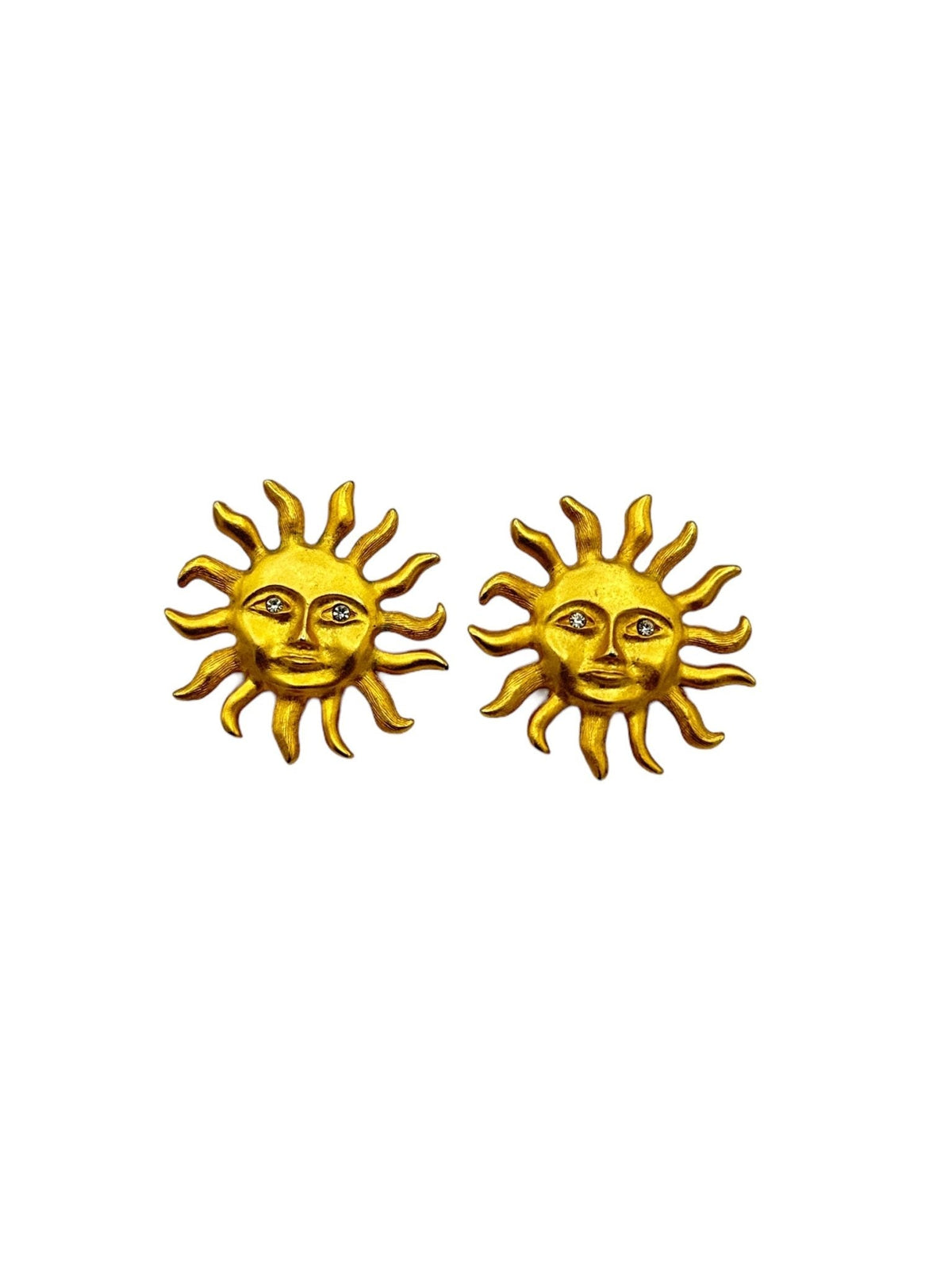 Matt Gold Sun Rhinestone Vintage Pierced Earrings - 24 Wishes Vintage Jewelry