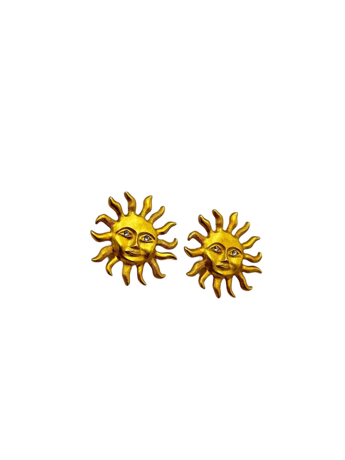 Matt Gold Sun Rhinestone Vintage Pierced Earrings - 24 Wishes Vintage Jewelry