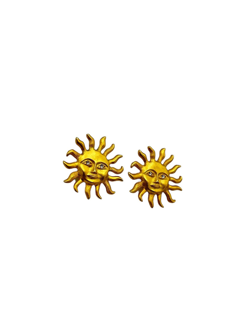 Matt Gold Sun Rhinestone Vintage Pierced Earrings - 24 Wishes Vintage Jewelry