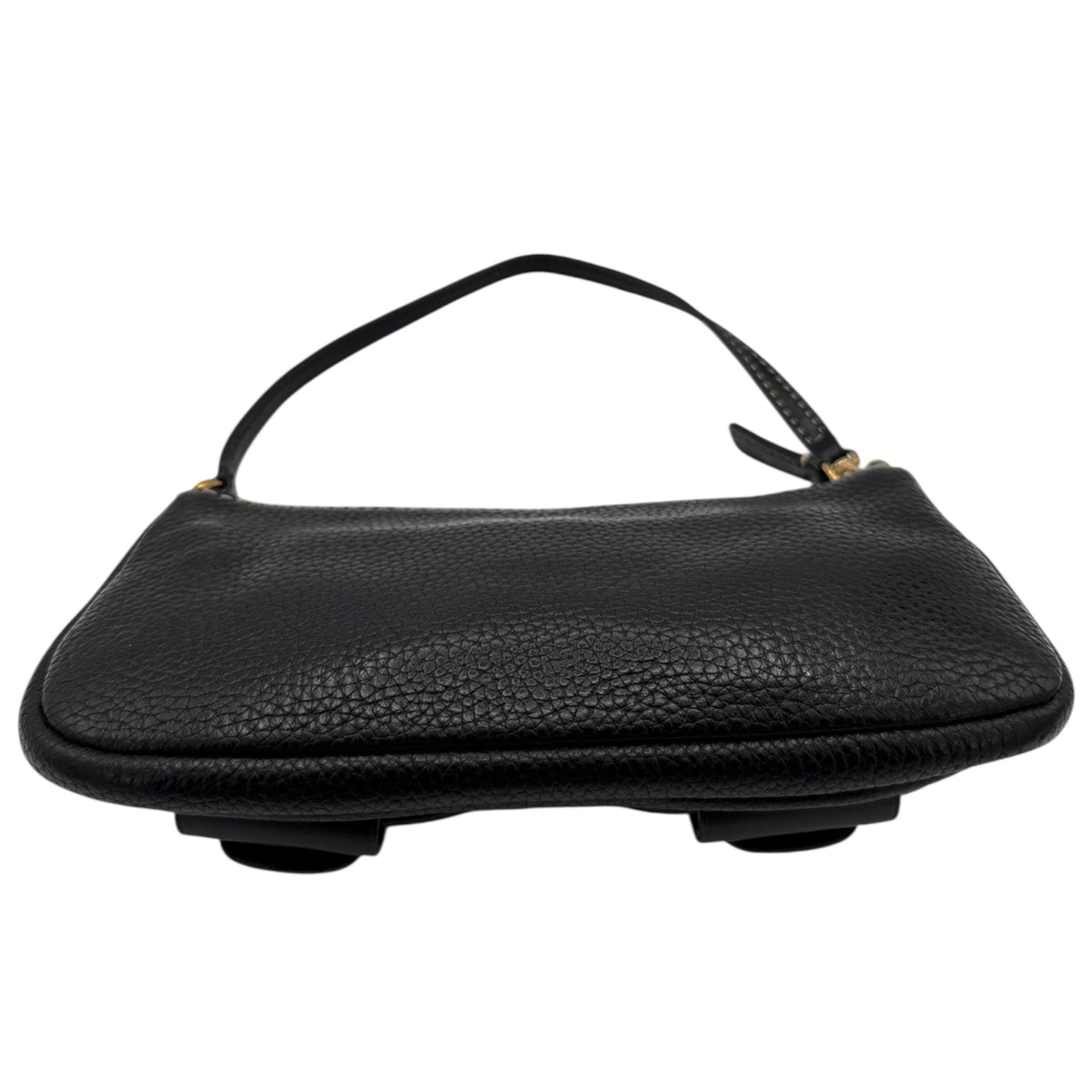 Bottom view of Vintage Michael Kors black pebbled leather Roadie bag with gold hardware and dual front pockets displayed on white background.