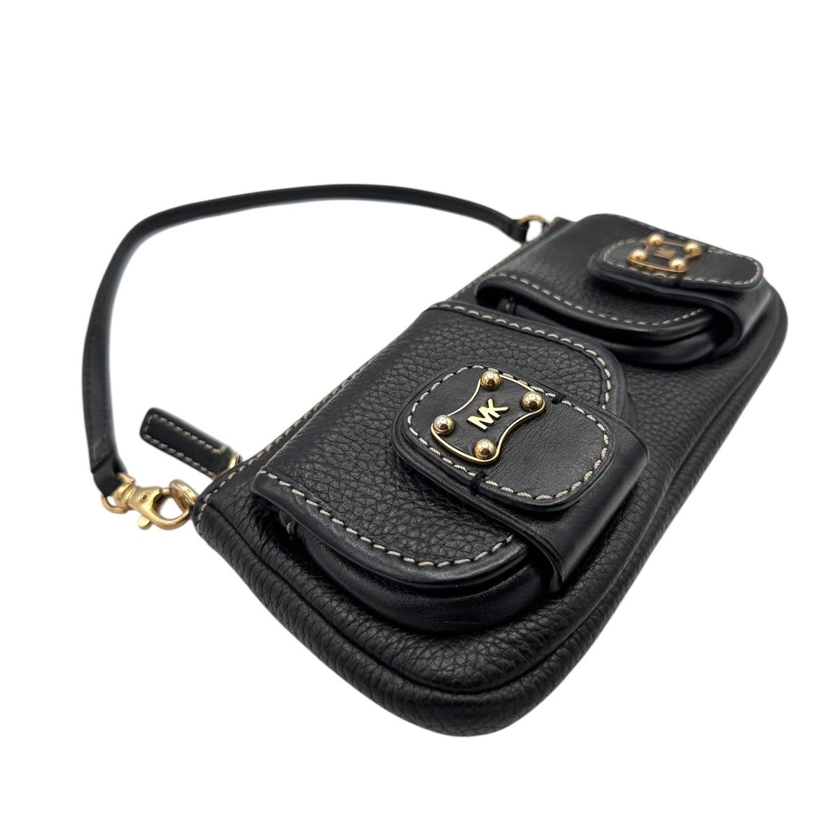 Side view of Vintage Michael Kors black pebbled leather Roadie bag with gold hardware and dual front pockets displayed on white background.