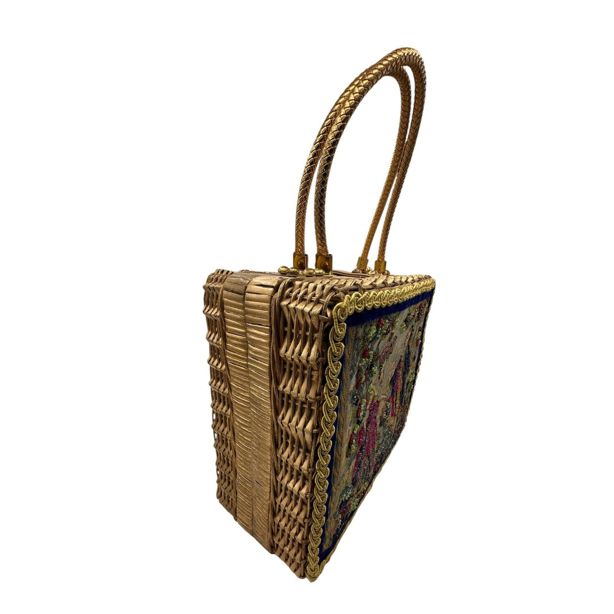 AccessoriesMidas of Miami Gold Wicker Tapestry Handbag Courting Couple