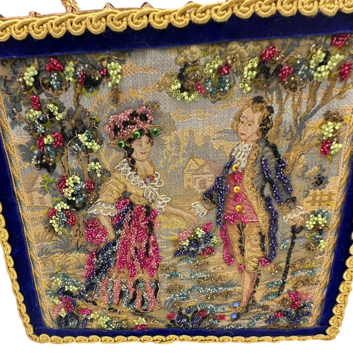 AccessoriesMidas of Miami Gold Wicker Tapestry Handbag Courting Couple