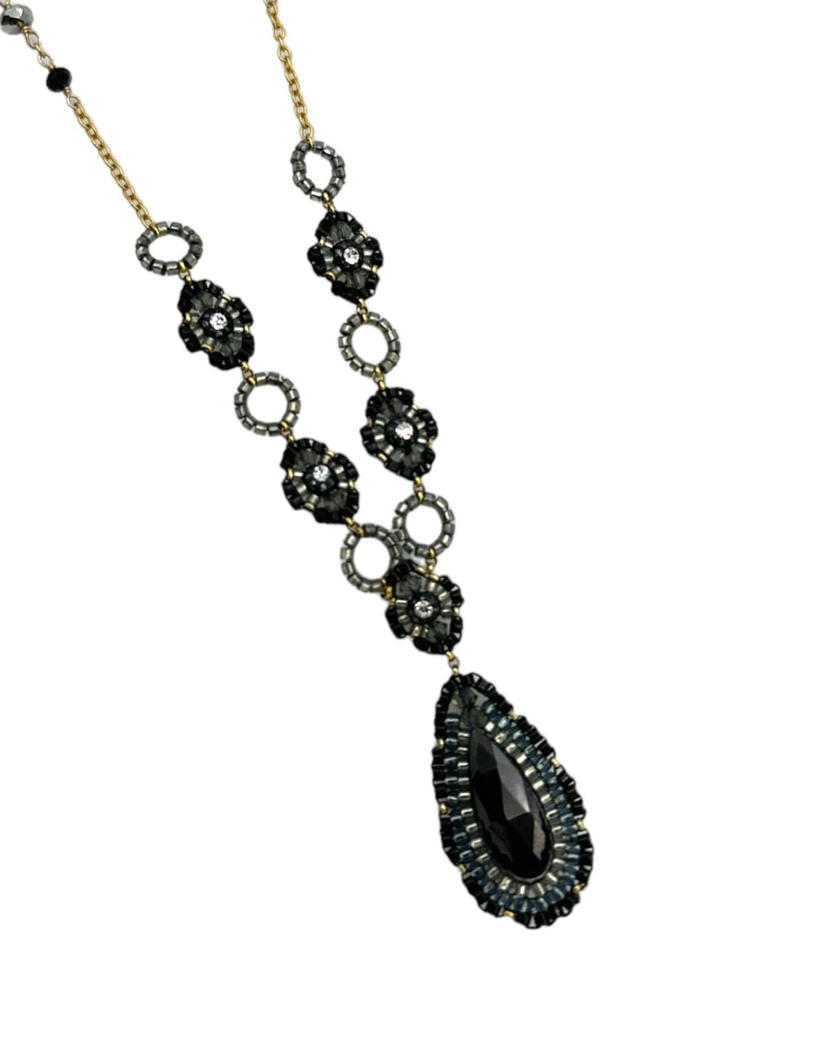 Miguel Ases Designer Black Teardrop Beaded Strand Layering Gold - Filled Necklace - 24 Wishes Vintage Jewelry