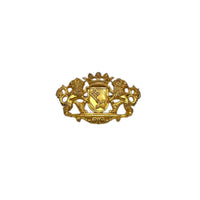 Close up view of Miriam Haskell gold lion crest vintage brooch with crown and coat of arms design on white background.