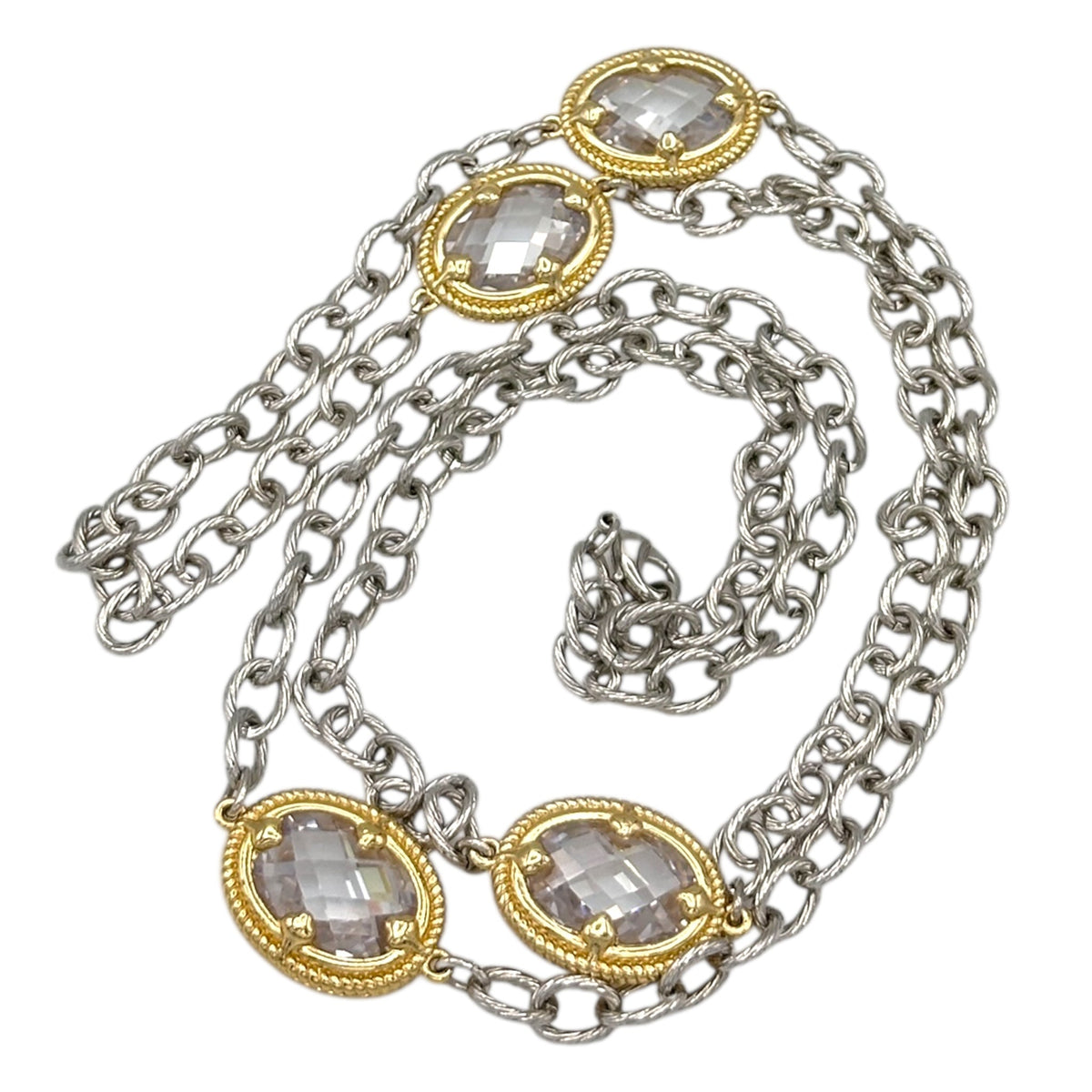 Alternative view of Vintage mixed metal long cable chain necklace with gold bezel-set oval crystals displayed on white background.