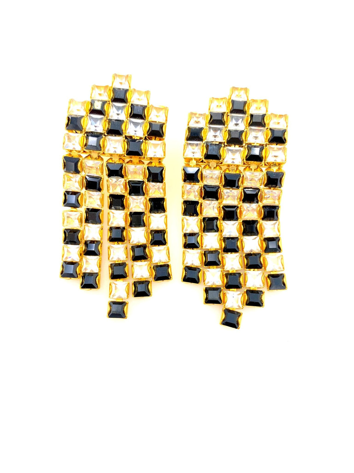 Monet Black & White Checkerboard Rhinestone Waterfall Clip - On Earrings - 24 Wishes Vintage Jewelry