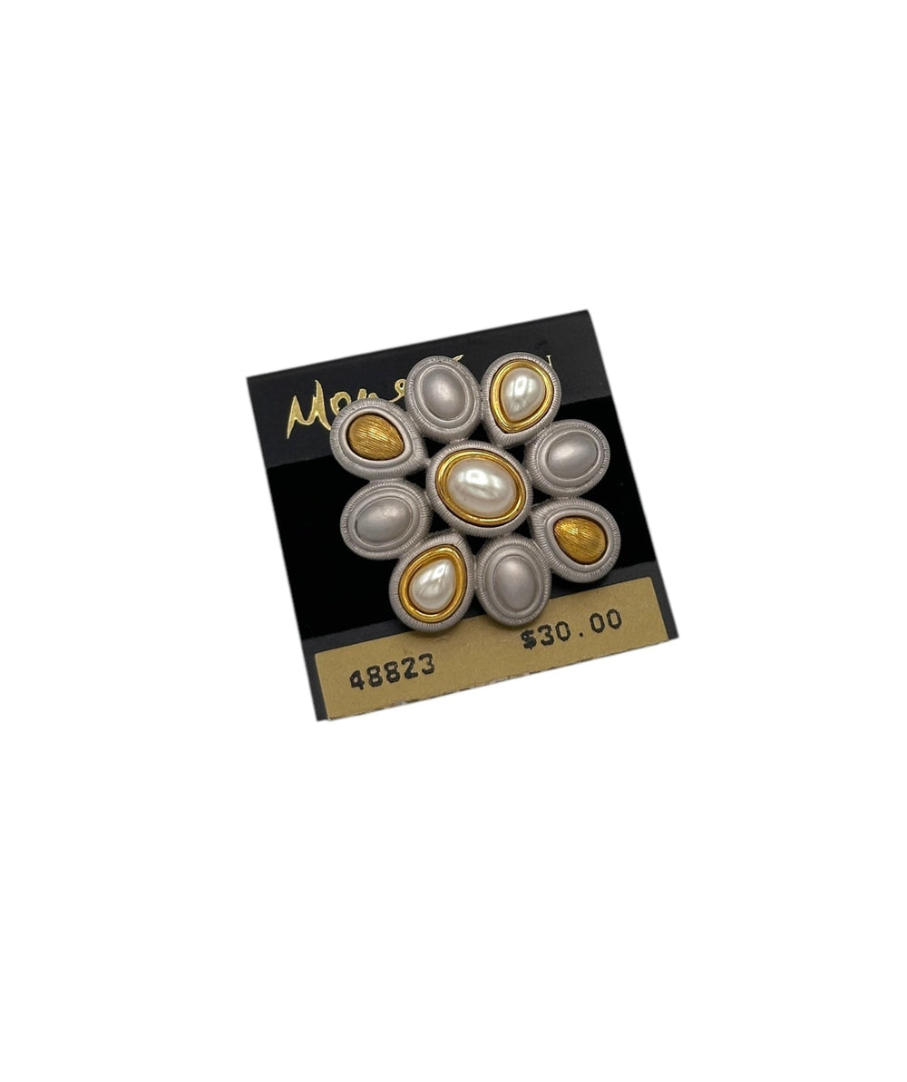 Monet Classic Mix Metal Silver & Gold Pearl Brooch - 24 Wishes Vintage Jewelry
