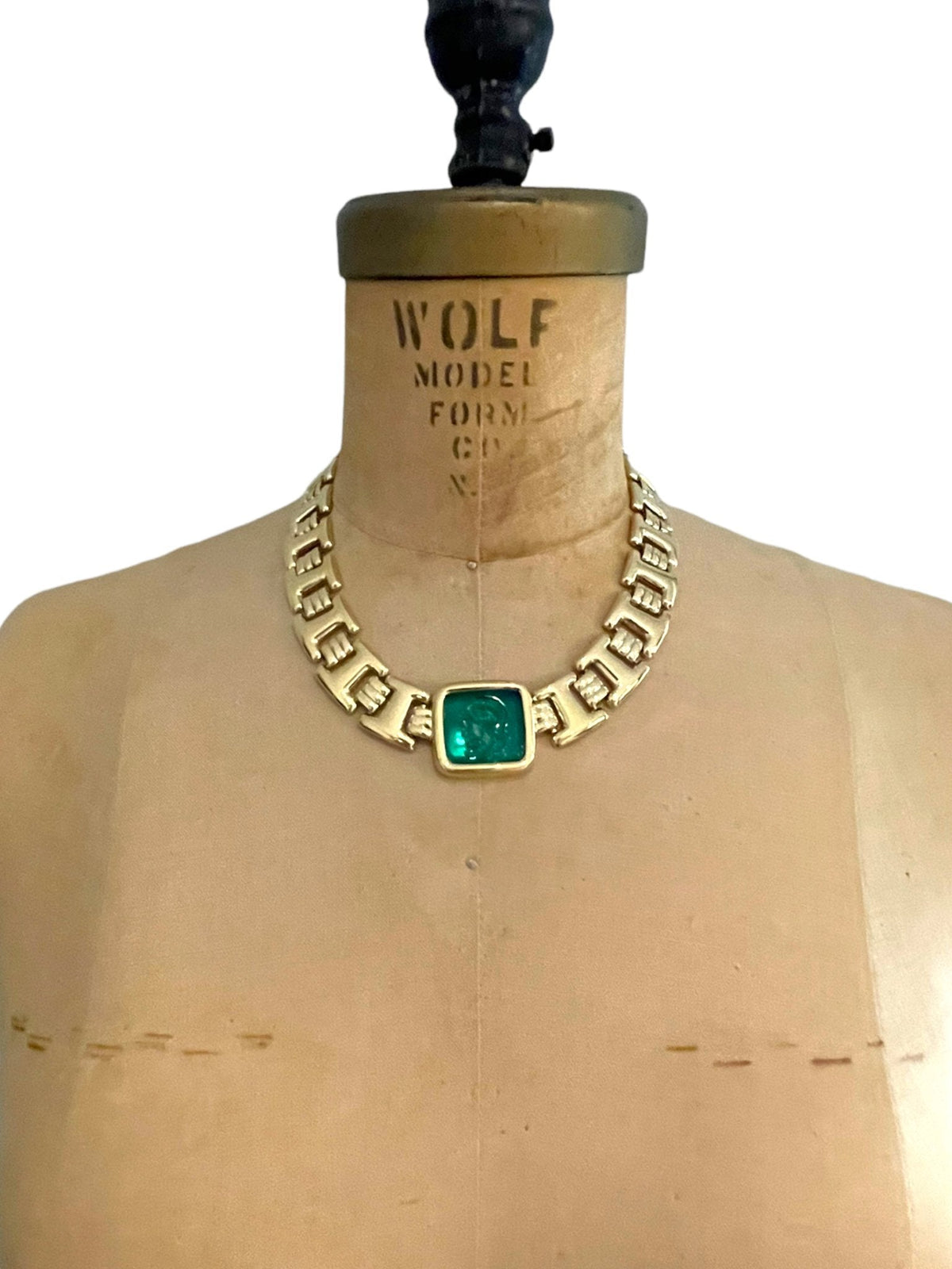 Monet Gold Chunky Green Roman Intaglio Vintage Necklace - 24 Wishes Vintage Jewelry