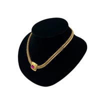 Monet Gold Curb Chain Necklace with Pink Crystal Pendant 24 Wishes Vintage Jewelry