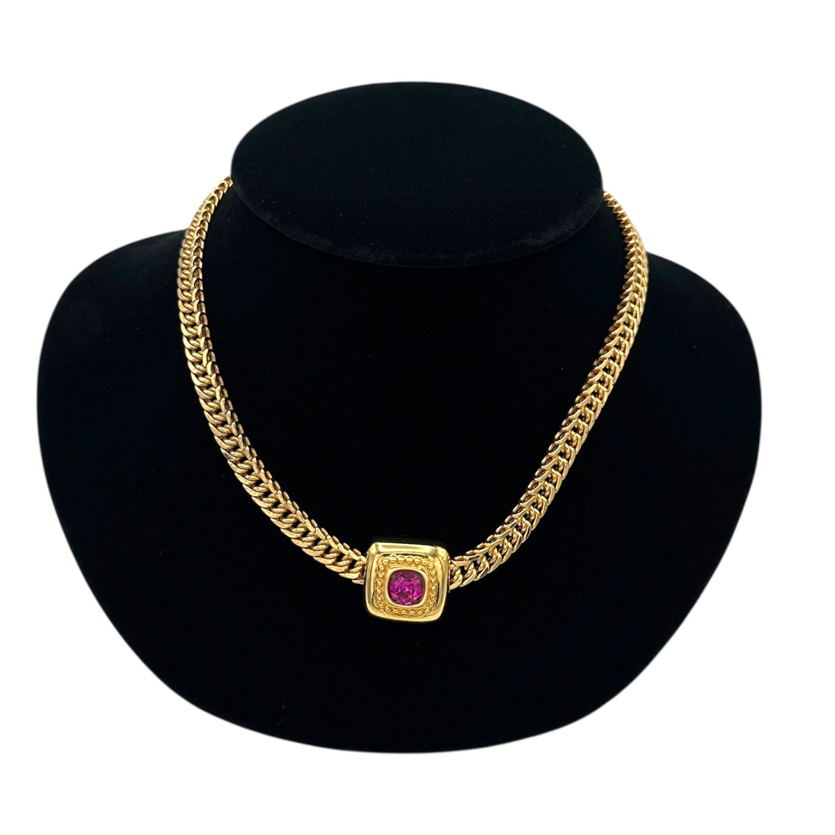 Monet Gold Curb Chain Necklace with Pink Crystal Pendant 24 Wishes Vintage Jewelry