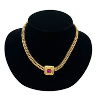 Monet Gold Curb Chain Necklace with Pink Crystal Pendant 24 Wishes Vintage Jewelry