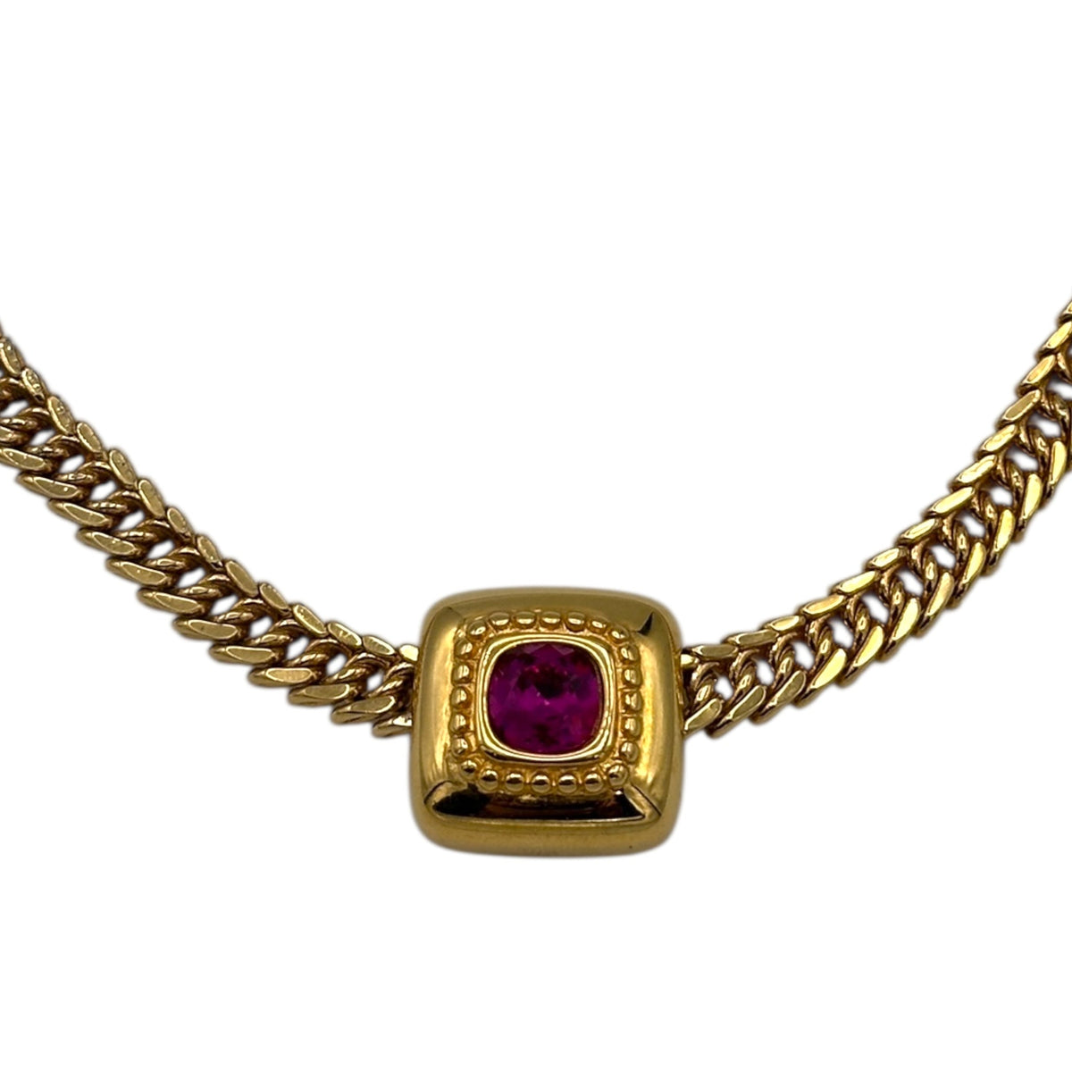 Monet Gold Curb Chain Necklace with Pink Crystal Pendant 24 Wishes Vintage Jewelry