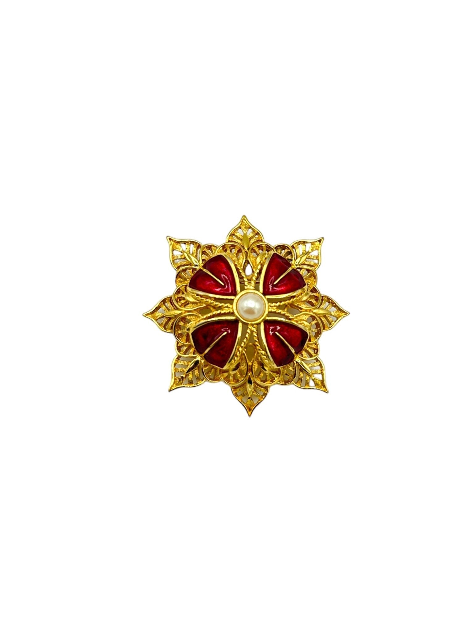✾US❃Vintage✾MONET✾ブローチ Monet Gold Layered Red Enamel & Pearl Flower Vintage Brooch