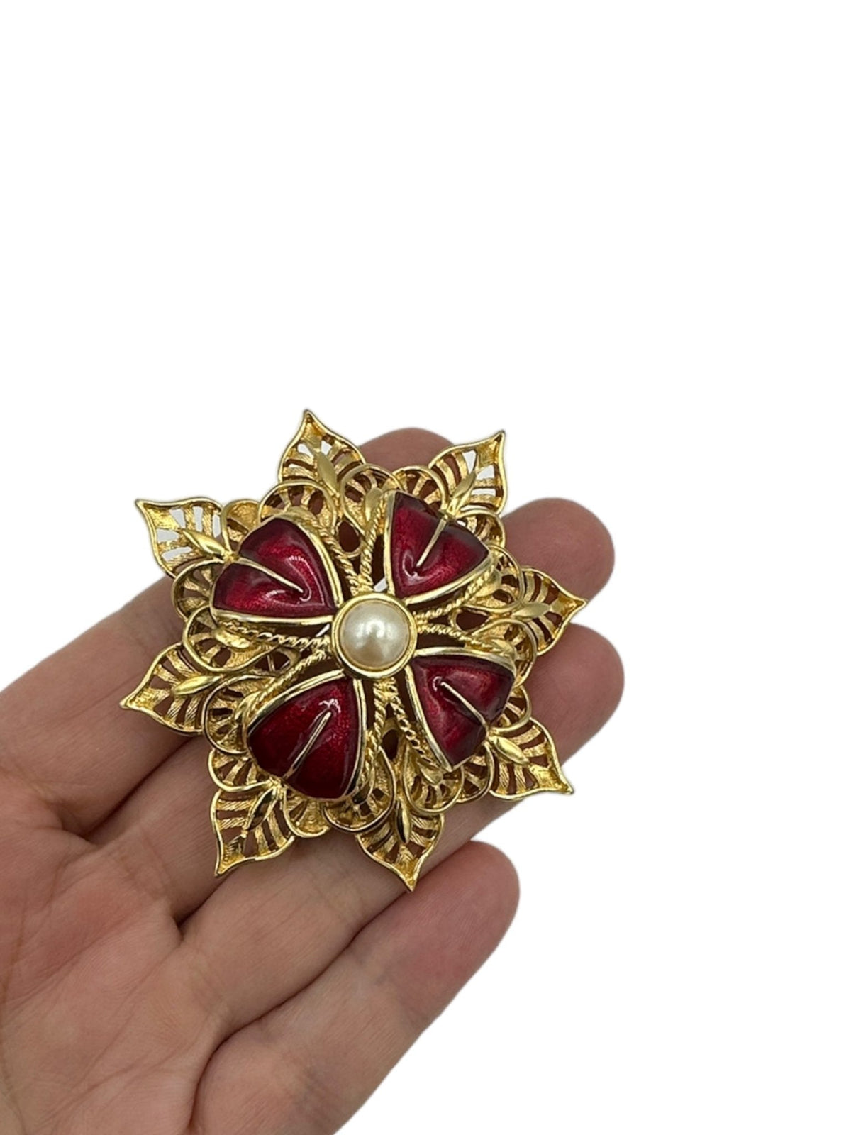 Monet Gold Layered Red Enamel & Pearl Flower Vintage Brooch - 24 Wishes Vintage Jewelry