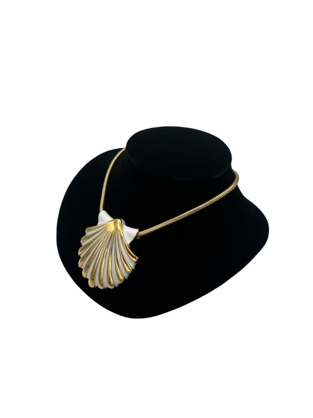 Monet Gold White Enamel Shell Statement Pendant - 24 Wishes Vintage Jewelry