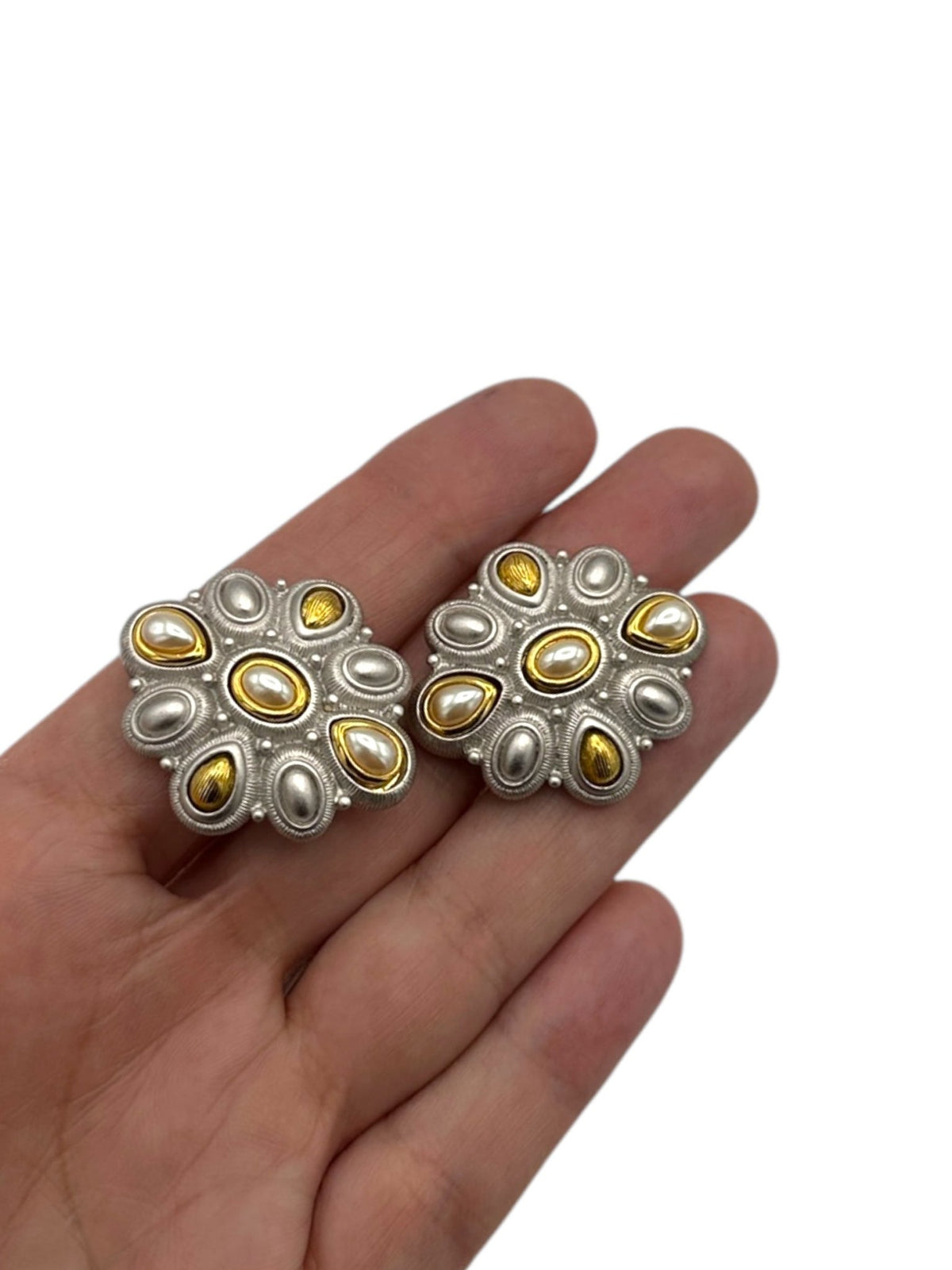 Monet Mix Metal Silver & Gold Pearl Clip - On Earrings - 24 Wishes Vintage Jewelry