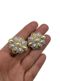 Monet Mix Metal Silver & Gold Pearl Clip - On Earrings - 24 Wishes Vintage Jewelry