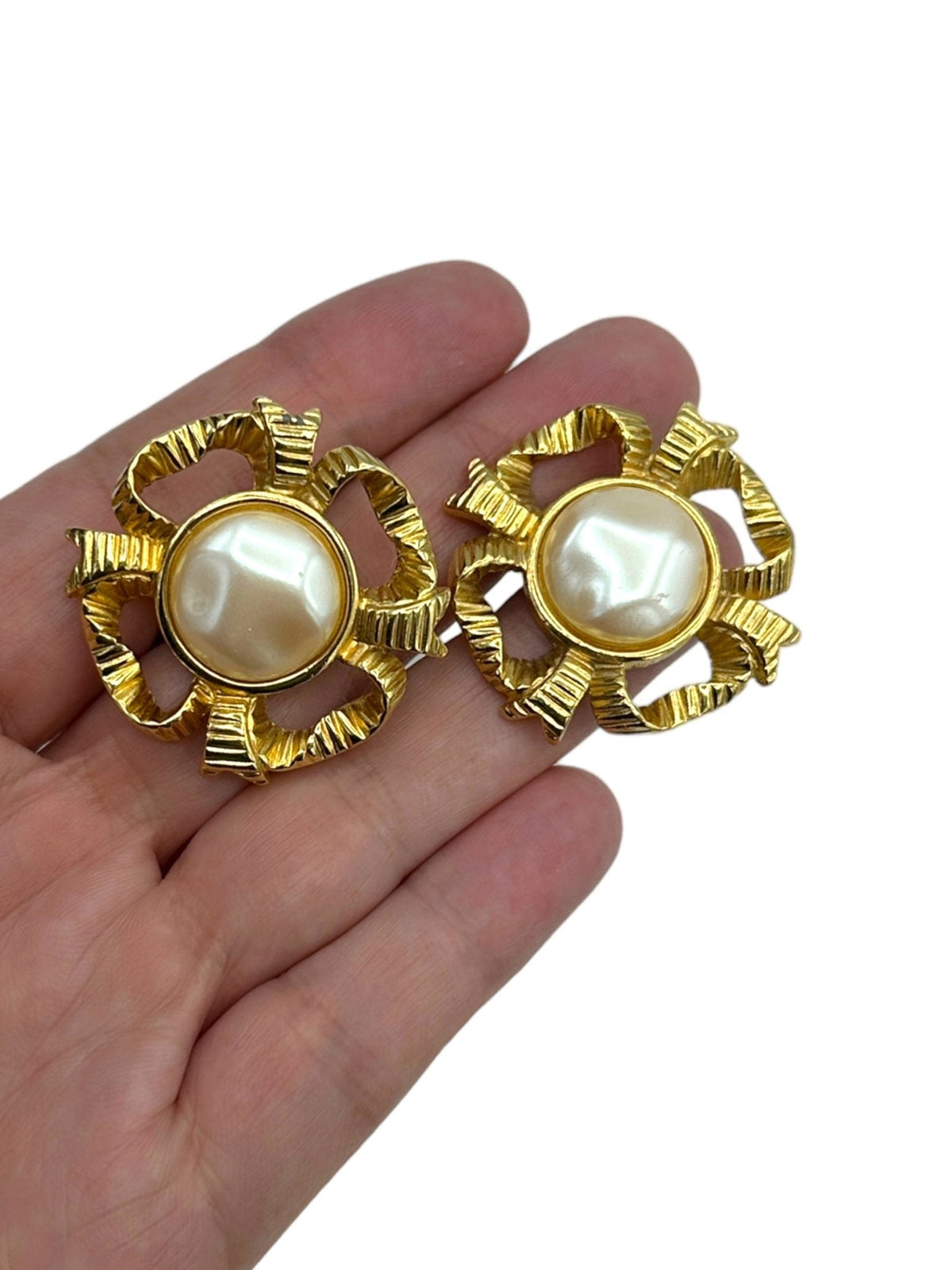 Monet Pearl Gold Ribbon Bow Clip - On Earrings - 24 Wishes Vintage Jewelry