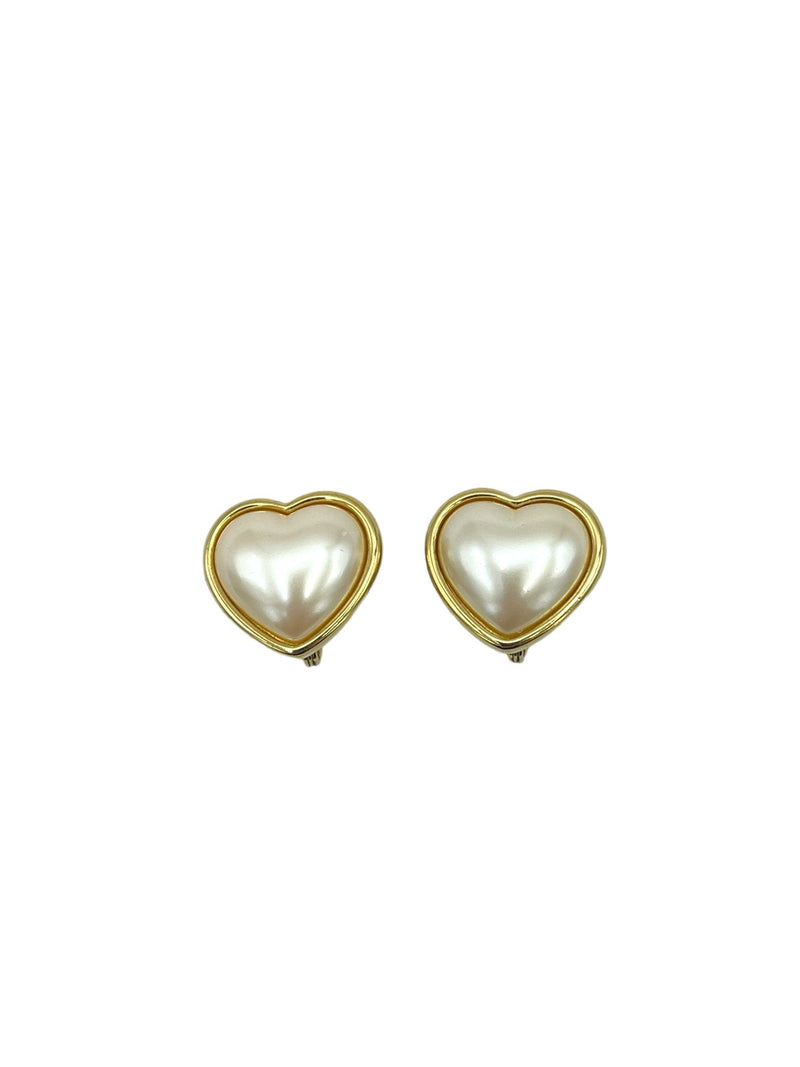 Monet Pearl Heart Clip - On Earrings - 24 Wishes Vintage Jewelry