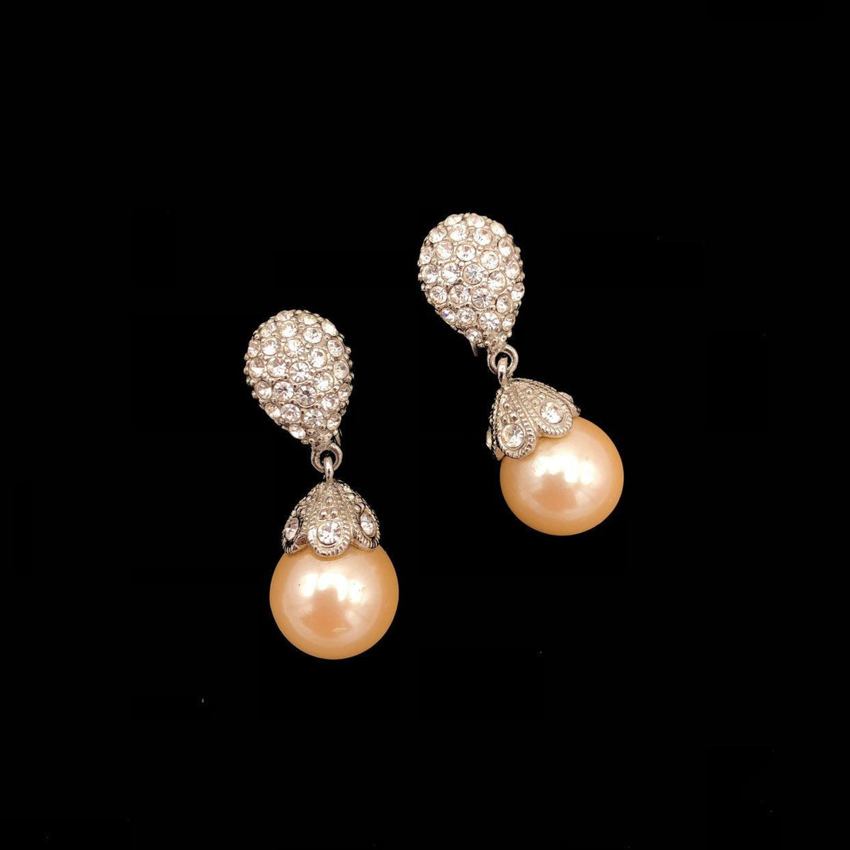 Monet Silver Rhinestone Classic Pearl Drop Art Deco Style Clip - On Earrings - 24 Wishes Vintage Jewelry