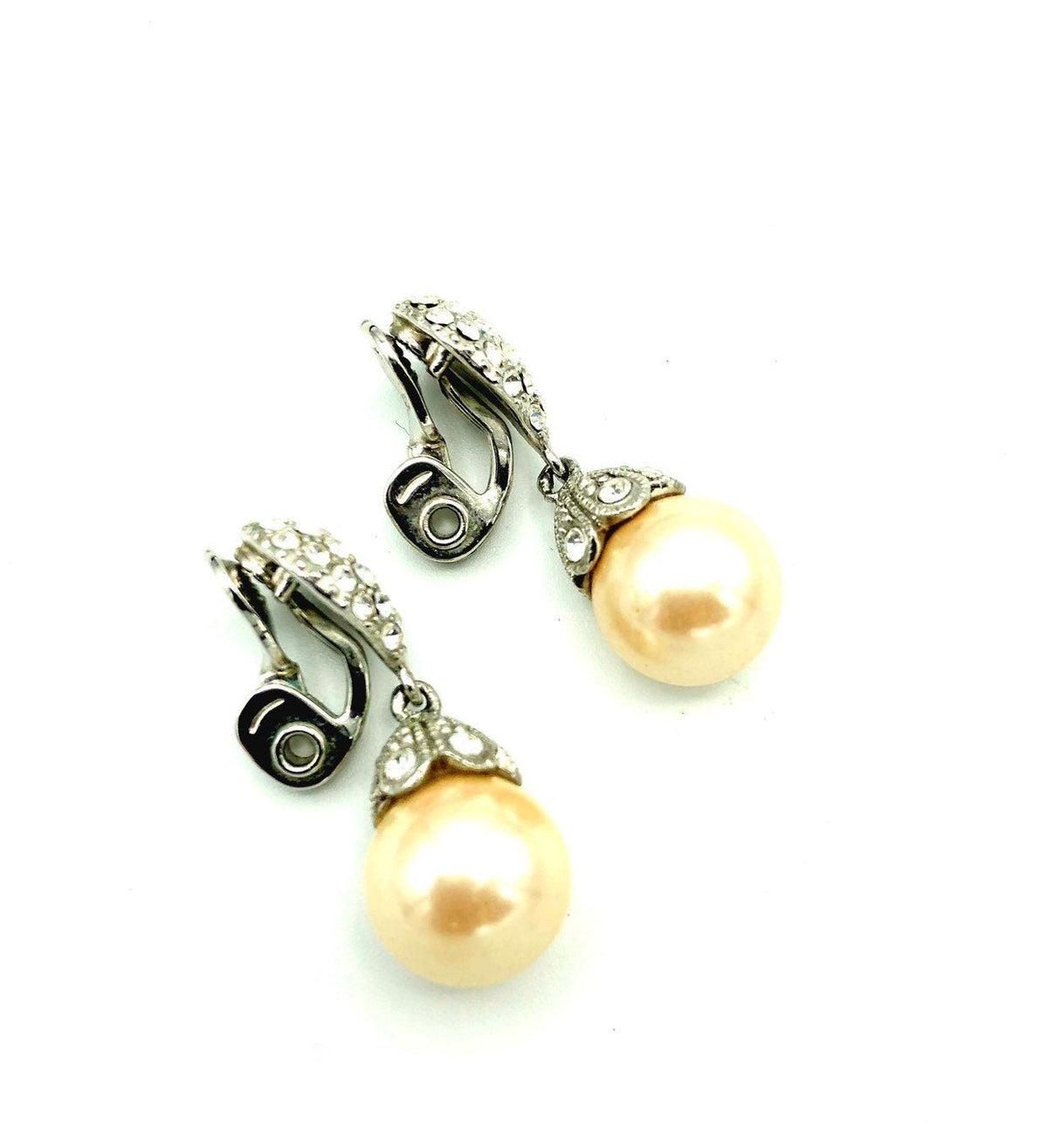 Monet Silver Rhinestone Classic Pearl Drop Art Deco Style Clip - On Earrings - 24 Wishes Vintage Jewelry